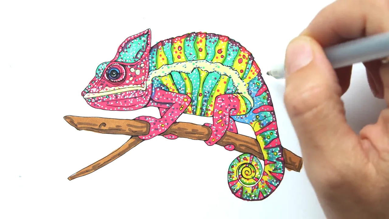 A brightly patterned chameleon on a branch, being colored
