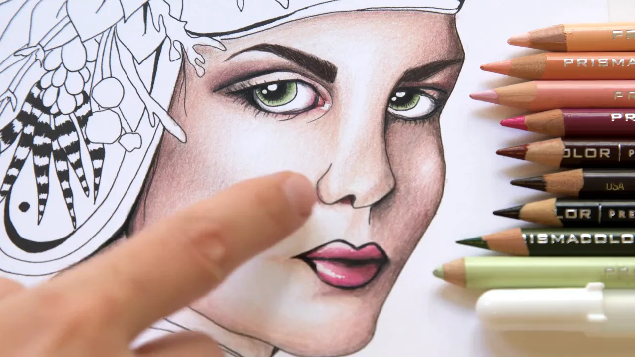A portrait page with skin, lips and eyes colored in pencil