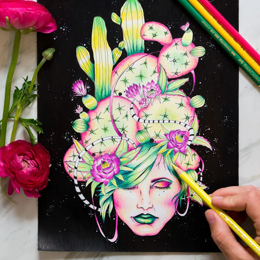 A cactus-haired woman colored in bright pink and green pencil on black paper