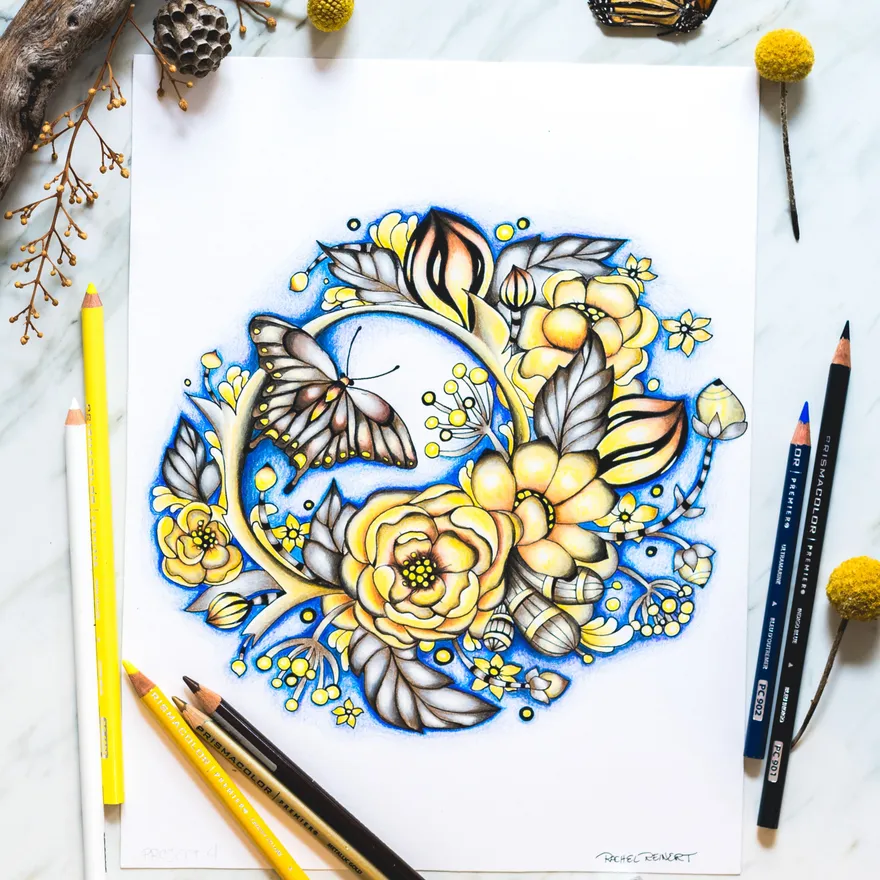 A colored circle of yellow flowers and blue butterflies