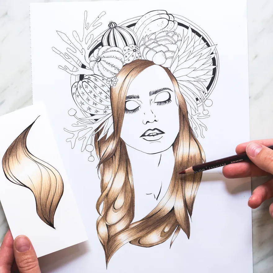 A portrait page with long hair colored strand by strand in brown pencil