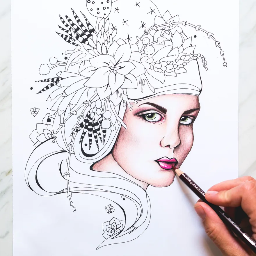 A portrait page with skin and lips being colored in pencil