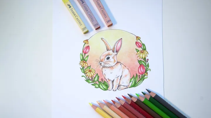 The bunny page from Color with Me, colored in pencil