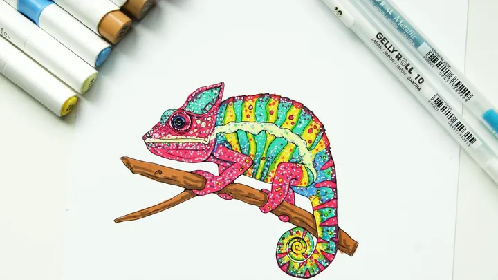 The chameleon page from Color with Me, colored in bright pencil