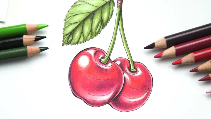 The cherries page from Color with Me, colored in pencil