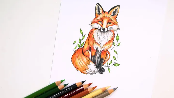 The red fox page from Color with Me, colored in pencil