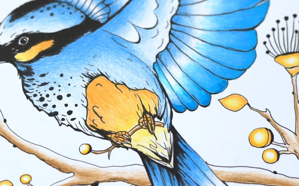 A blue bird colored with gel pens, from the Wet Painting With Gel Pens lesson