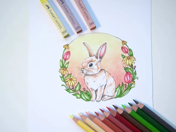 The bunny page from Color with Me, colored in pencil