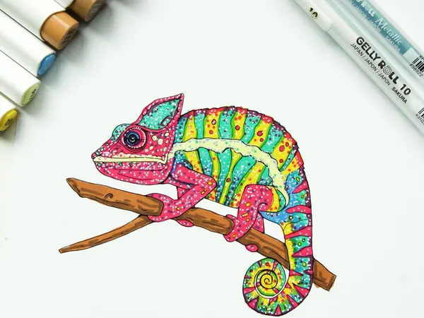 The chameleon page from Color with Me, colored in bright pencil