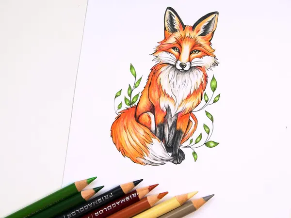 The red fox page from Color with Me, colored in pencil