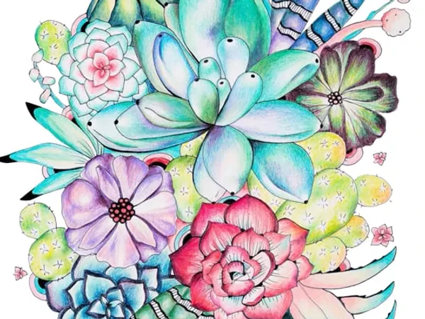 A colored bouquet of succulents and flowers by Rachel
