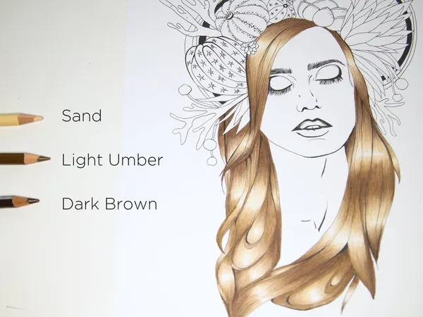 A portrait page with long hair colored in sand, light umber and dark brown pencil