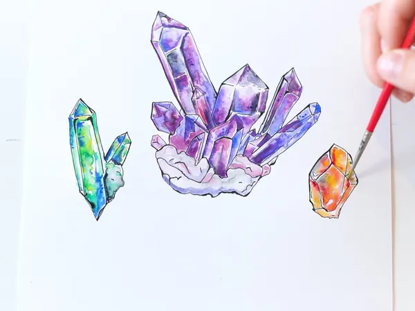Purple and teal crystals painted in watercolor