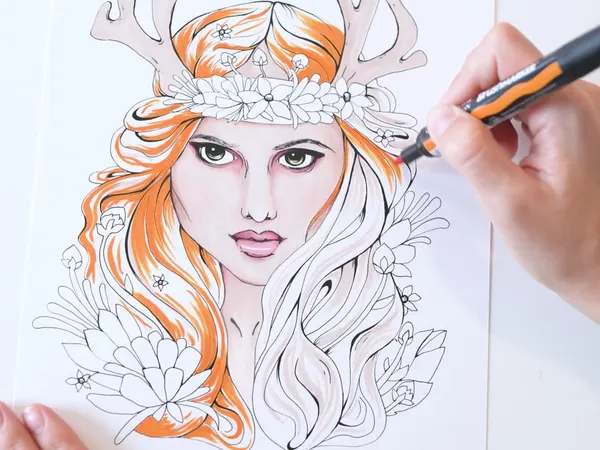 A woodland nymph portrait colored in orange marker and pencil